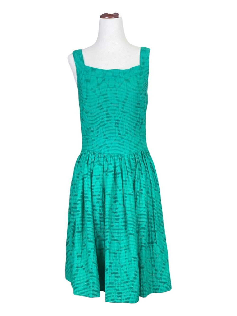 Duro Olowu Women's Teal Green Seersucker Square-Neck Fit & Flare Mini Dress Sz 6